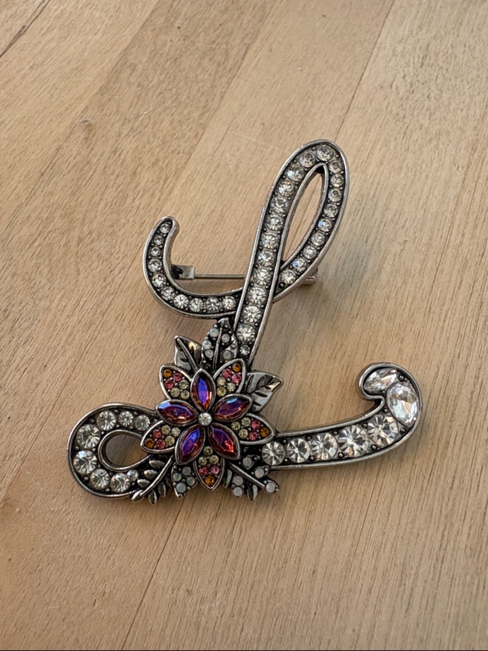 Rhinestone Floral Script Letter Brooch - Multicolor and Silver